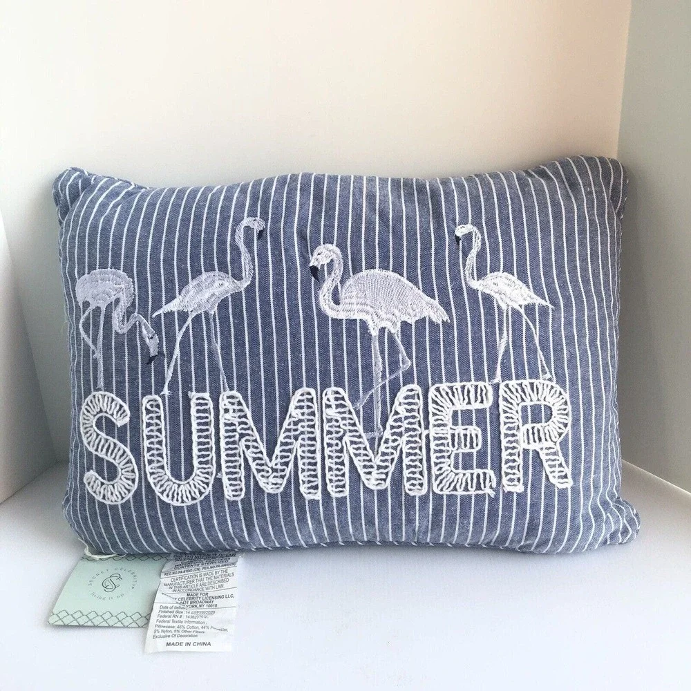 SECRET CELEBRITY 15” X 21” Blue White Decor pillow embroidered Summer Flamingos